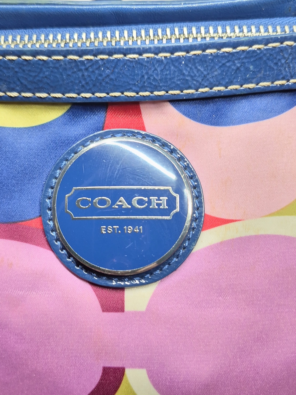 Coach Multicolor Signature Circle Satin Tote - Blue Trim - Picture 2 of 15